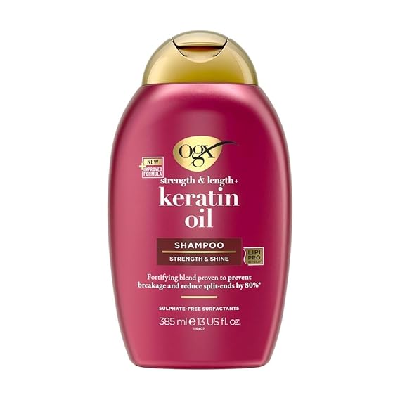 OGX Strength & Length + Keratin Oil Fortifying Anti-Frizz Shampoo for Damaged Hair & Split Ends, with Keratin Proteins & Argan Oil, Paraben-Free, Sulfate-Free Surfactants, 385ml