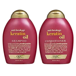 OGX Strength & Length Keratin Fortifying Anti-Frizz Shampoo + Conditioner Combo | Damaged Hair & Split Ends, with Keratin Proteins & Argan Oil, Paraben Sulfate Free 770 ml