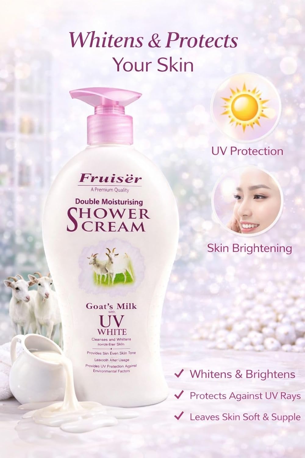 Fruiser Double Moisturising Shower Cream,Goat's Milk with UV WHITE, 450 ml ,Imported, Malasiya - Image 4