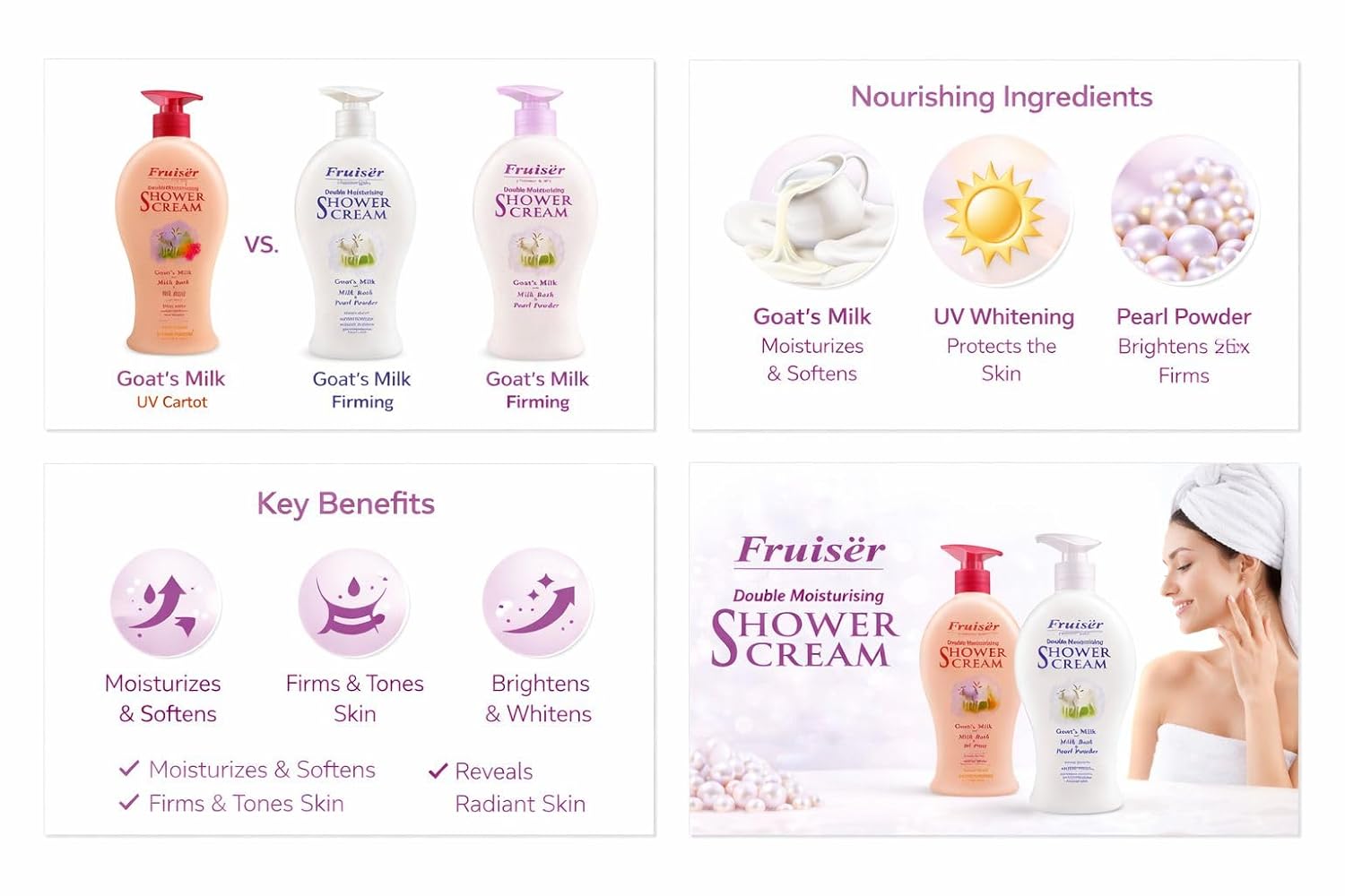 Fruiser Double Moisturising Shower Cream,Goat's Milk with UV WHITE, 450 ml ,Imported, Malasiya - Image 2