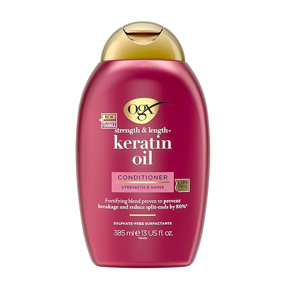 OGX Strength & Length + Keratin Oil Fortifying Anti-Frizz Conditioner For Damaged Hair & Split Ends, With Keratin Proteins & Argan Oil, Paraben-Free, Sulfate-Free Surfactants -385Ml - 1 Count
