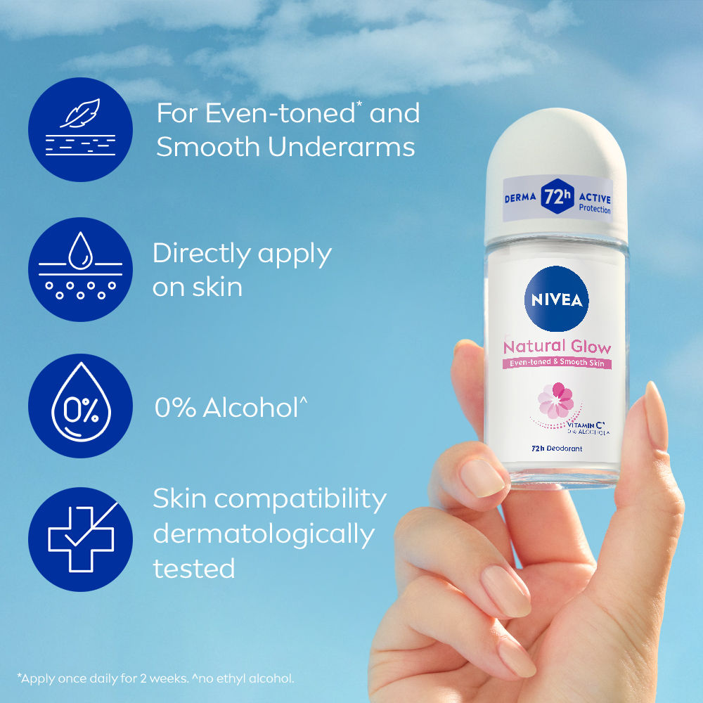 Nivea Natural Glow Even Toned Vit C & 0% Alcohol Deo Underarm Roll On 72Hr Active Protection Smooth Skin(50ml) - Image 4