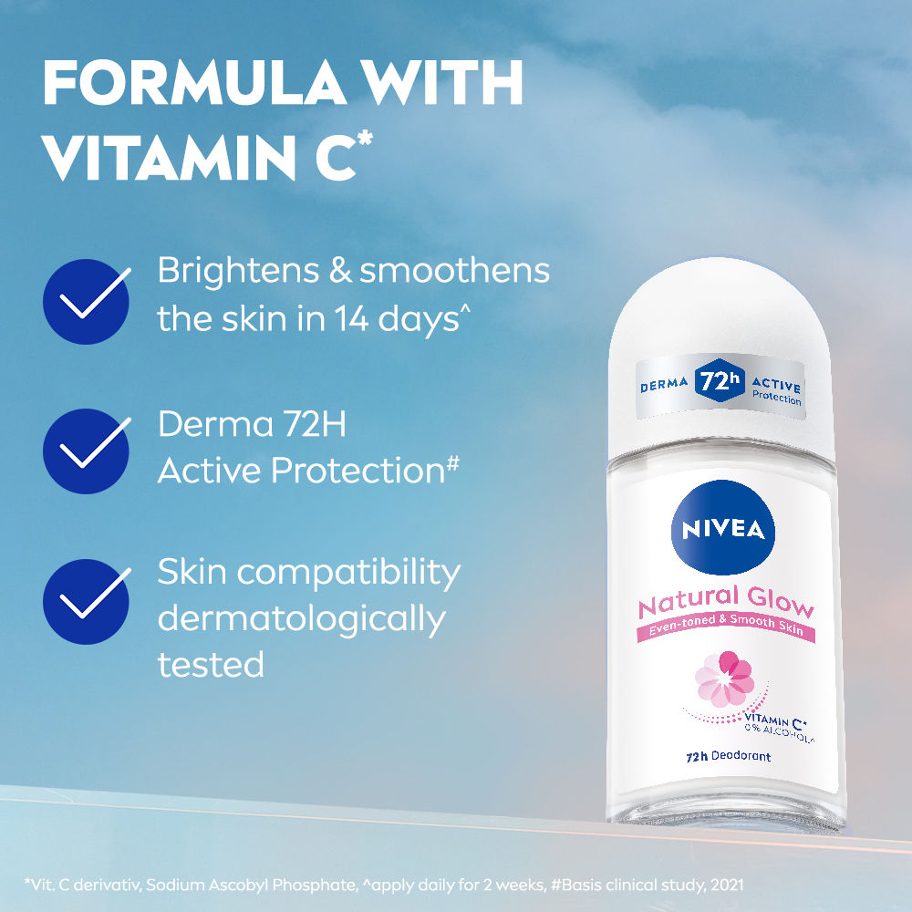 Nivea Natural Glow Even Toned Vit C & 0% Alcohol Deo Underarm Roll On 72Hr Active Protection Smooth Skin(50ml) - Image 5